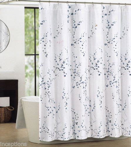 Tahari Cotton Blend Shower Curtain Sprigs Leaves Blue Silver