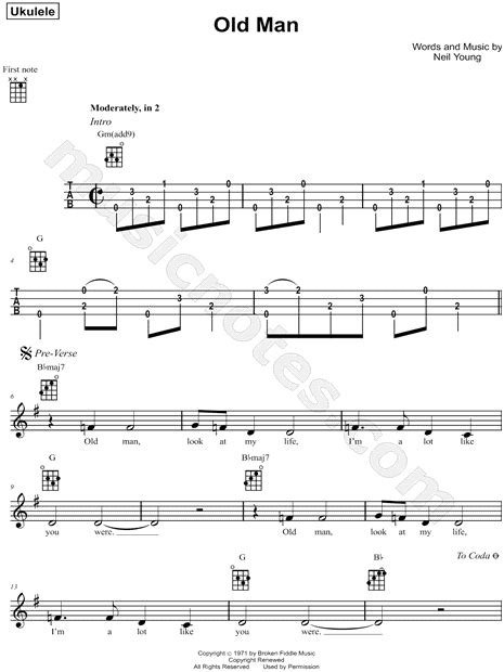 Neil Young Old Man Ukulele Tab In G Major Download And Print Sku