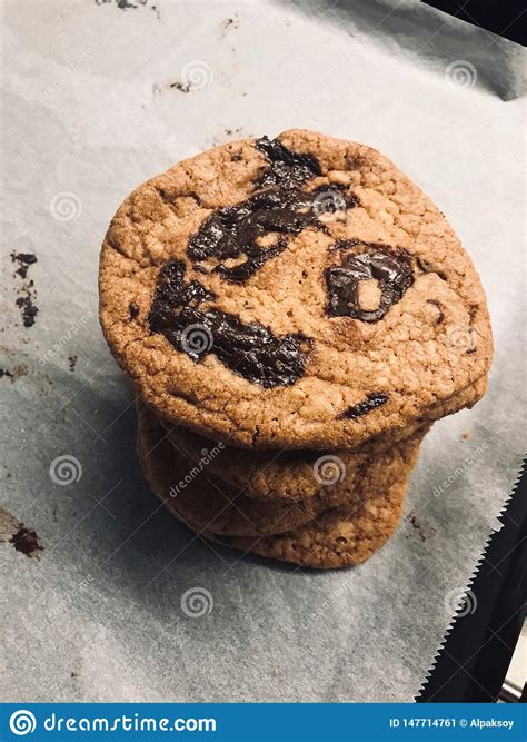 Homemade Chocolate Chip Cookies On Oven Tray Stock Image Image Of