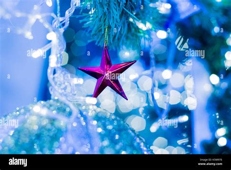 Christmas Background Of De Focused Lights With Decorated Tree Stock