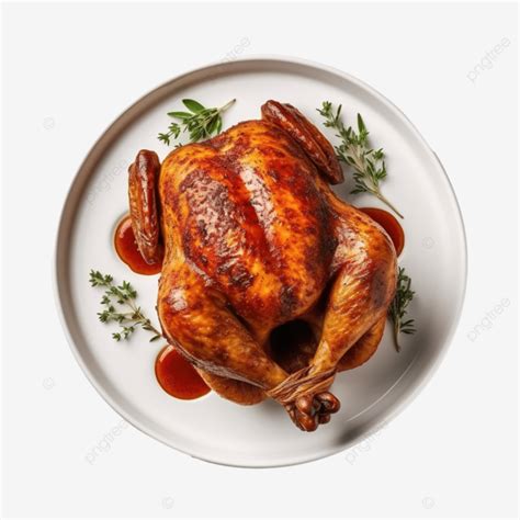 Top View Of Thanksgiving Roasted Chicken On Plate With Copy Space