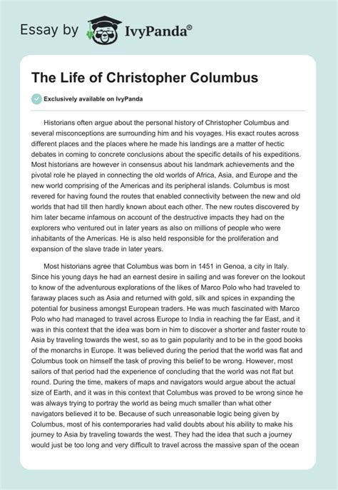 The Life Of Christopher Columbus 1660 Words Biography Essay Example