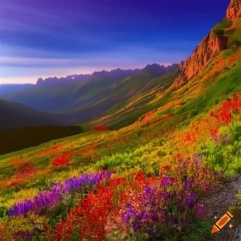 Vibrant And Colorful Flowers In A Valley On Craiyon