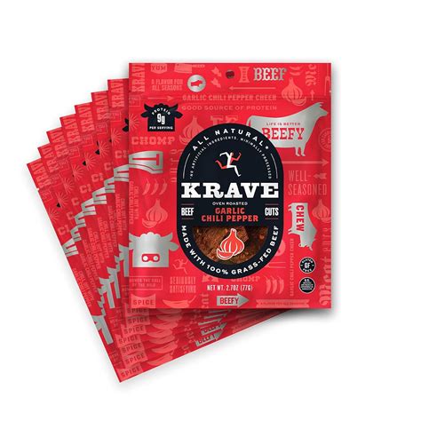 Krave All Natural Beef Jerky Garlic Chili Pepper Protein Packed Snacks Roasted