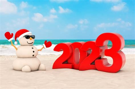 Premium Photo | Sandy christmas snowman at sunny beach with 2023 new ...