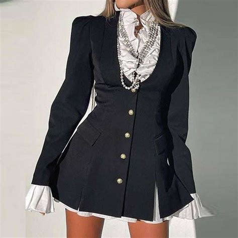elegant long sleeve mini dress autumn contrast color   blazer