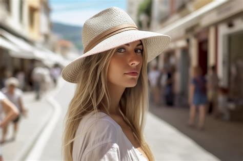 Una Mujer Con Sombrero Se Encuentra En Una Calle Foto Premium