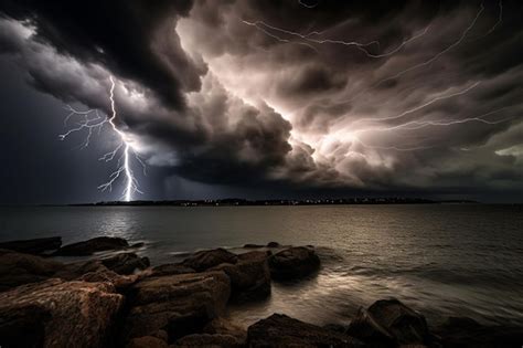 Premium Photo | A lightning storm over the ocean with a dark sky and clouds