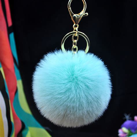 Fluffy Pom Keychain Soft Plush Faux Rabbit Fur Ball Pendant Water Blue