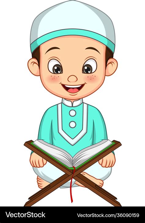 Cartoon Muslim Boy Reading Quran Royalty Free Vector Image