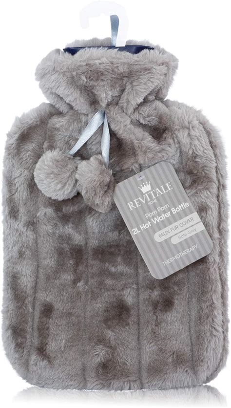 Revitale Luxury Cosy Faux Fur Pom Pom Hot Water Bottle Litre Slate Grey Amazon Co Uk