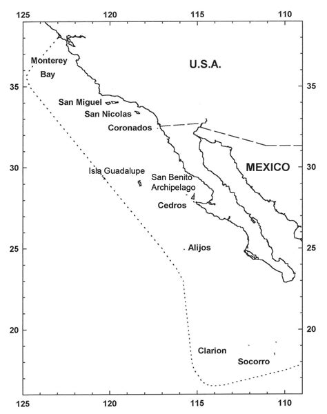 Geographical distribution of the Guadalupe fur seal showing two... | Download Scientific Diagram