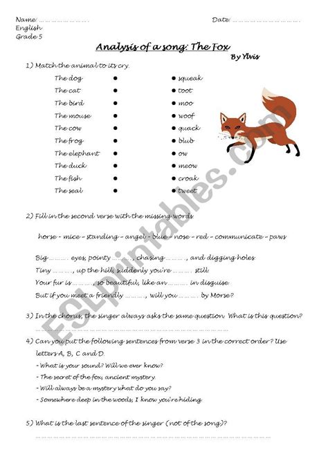 The Fox - Song by Ylvis - ESL worksheet by valivalou22