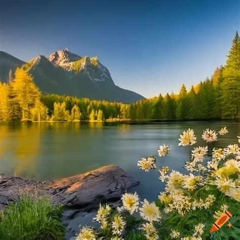 Fr Hling Landschaft Mit See Und Blumenwiesen