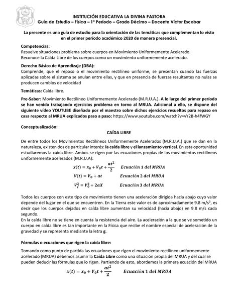 Caida libre Guía de Estudio Física 1º Período Grado Décimo