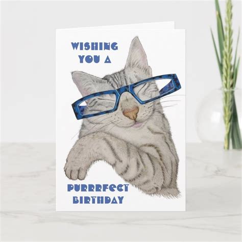 A Birthday Card With A Cat Wearing Glasses And The Words Wishing You A