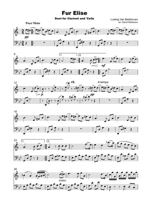 Für Elise Clarinet And Cello Duet By Ludwig Van Beethoven Clarinet Digital Sheet Music