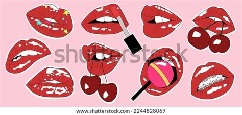 Collection Stickers Red Woman Lips Lips Stock Vector (Royalty Free ...