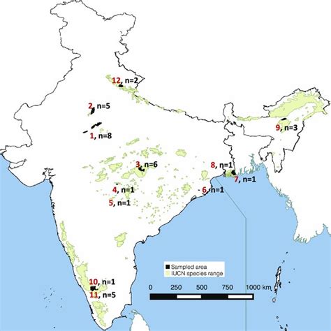 Sample locations of tiger from across India. The numbers in the map ...