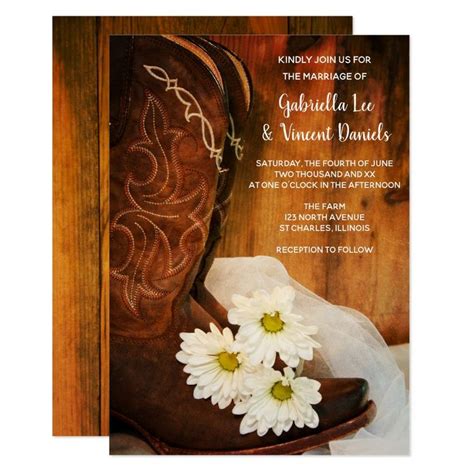 The Cowboy Boots And Daisies Are In Front Of The Wedding Card Which Is