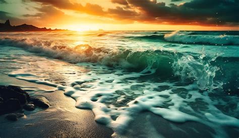 Premium AI Image | A sunset on the beach with water splashing around some