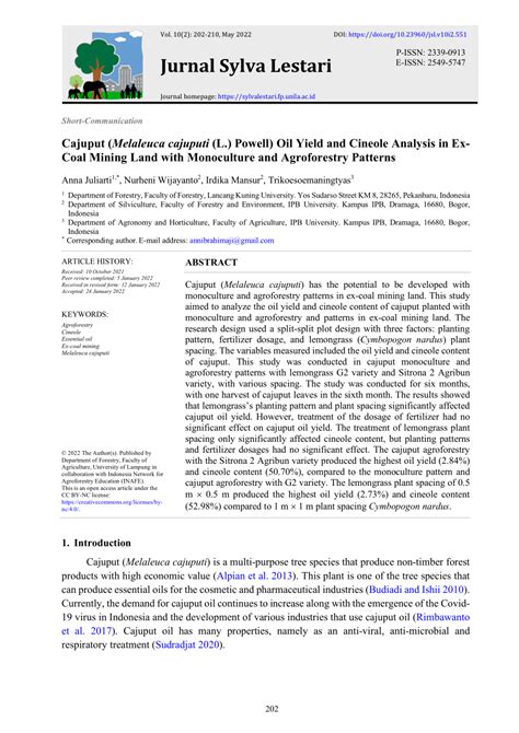 PDF Cajuput Melaleuca Cajuputi L Powell Oil Yield And Cineole