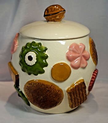 Vintage ALL OVER COOKIE JAR Los Angeles Potteries USA Walnut Finial EBay