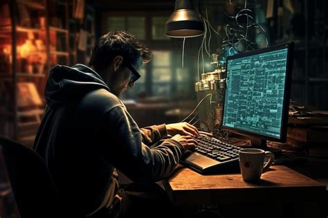 Premium Ai Image A Man Sitting At A Desk Using A Computer