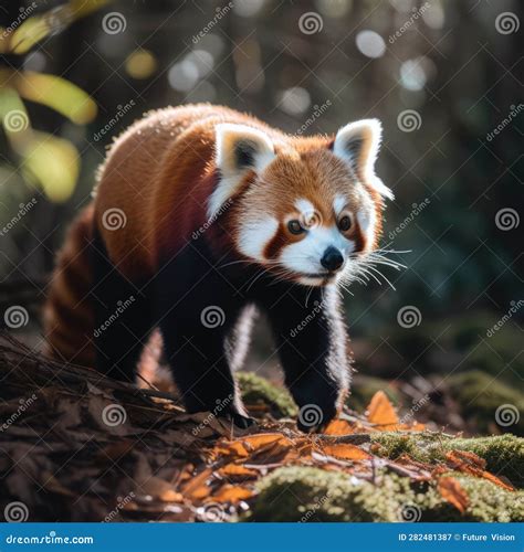 Fechamento Do Panda Vermelho Caminhando Na Floresta Criada