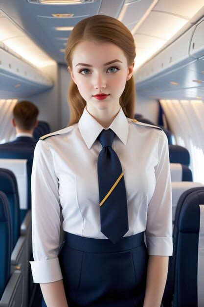 A Beautiful Woman In Flight Attendant Uniform With Shirt And Tie Is