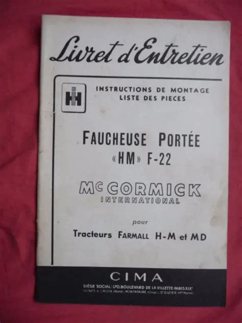 LIVRET D ENTRETIEN MC CORMICK INTERNATIONAL Faucheuse HM F 22 Tracteur