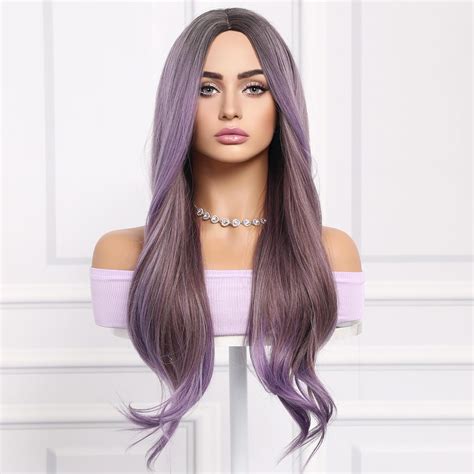 Smilco Synthetic Wigs For Women Ombre Light Purple Wig Long Wavy Curly Middle Part