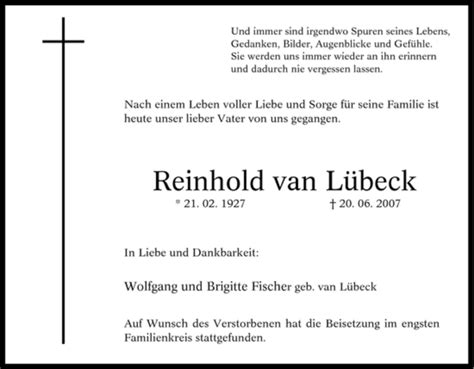 Traueranzeigen Von Reinhold Van L Beck Trauer In Nrw De