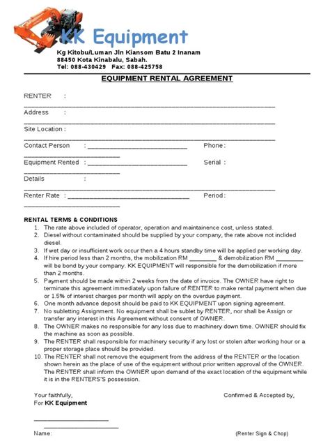 Equipment Rental Agreement Form Template Create A Free Legal Form In