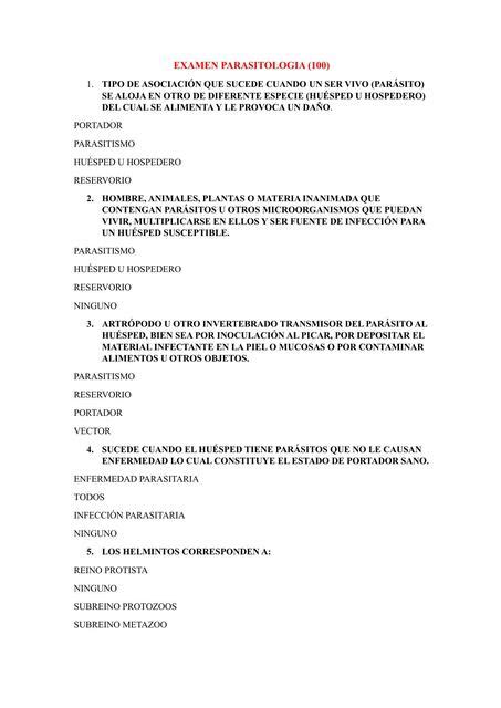 Banco De Preguntas De Examen Parasitologia Jbmedicine Udocz