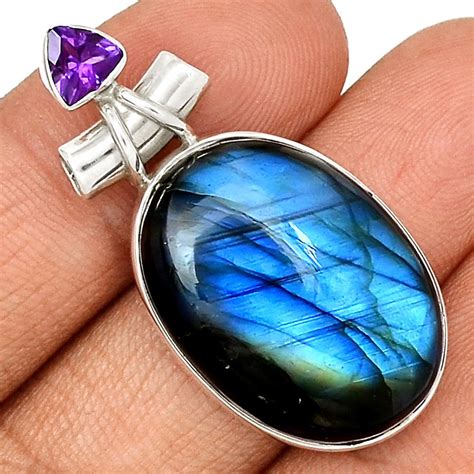 Pendentif Protection Labradorite Et Am Thyste Monture Argent Ref