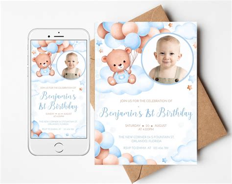 Editable Blue Teddy Bear Birthday Electronic Invitation - Etsy