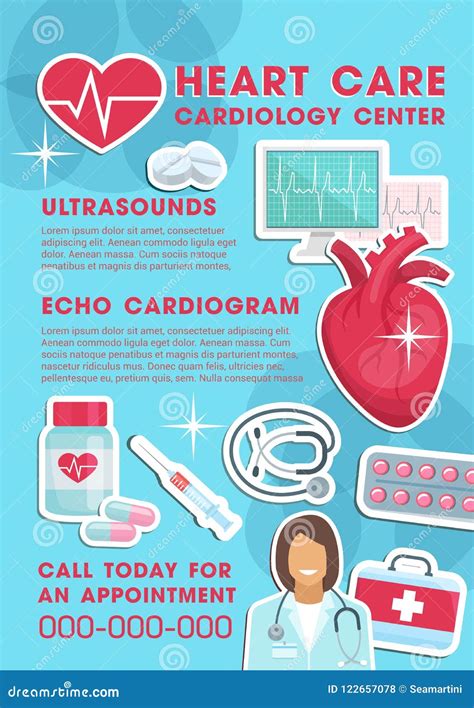 Vector Medical Heart Care Cardiology Clinic Poster Stock Vector