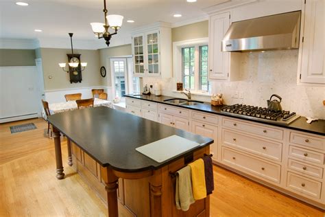 White Kitchen With Wood Contrasting Island Traditional Kitchen