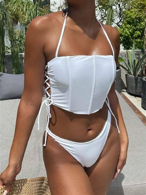 Emmiol Free Shipping 2024 Lace Up Longline Halter Bikini Set White S In