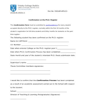 Confirmation On The Phd Register Doc Template Pdffiller