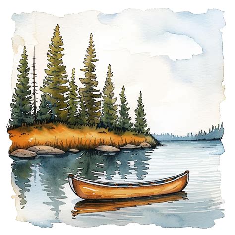 Lake Lanscape With Canoe Vector Illustration In Watercolor Style