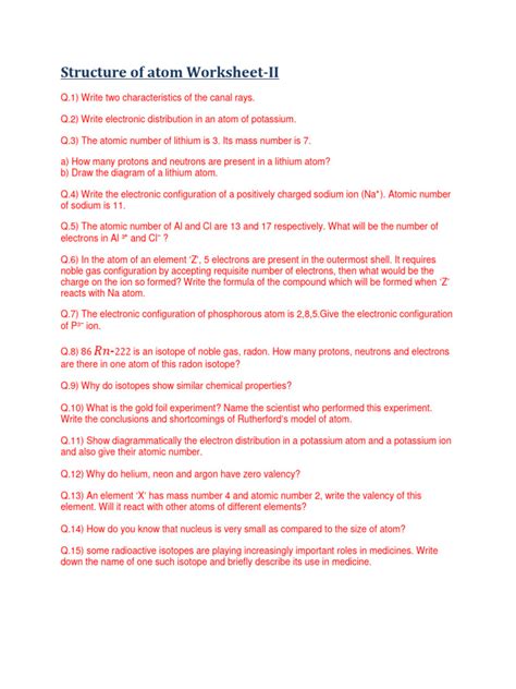 Structure of Atom Worksheet | PDF