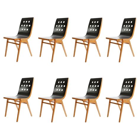 Roland Rainer Set Of Eight Stacking Chairs Black Beech Wood Vienna