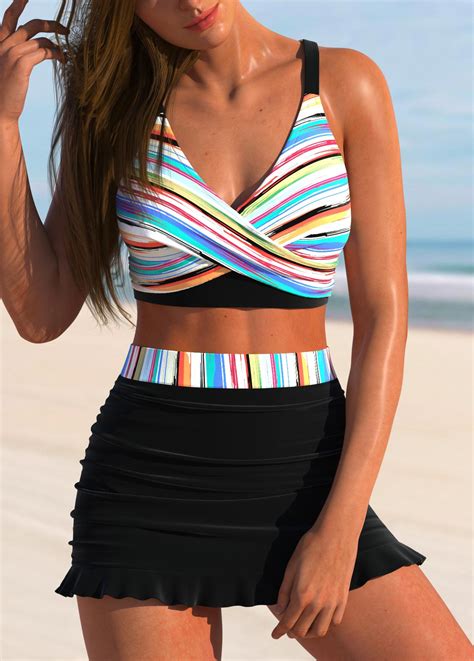 Multi Stripe Print Surplice Black Bikini Set Rosewe Usd