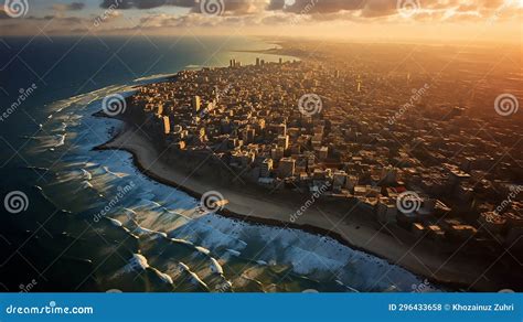 Skyline at a Low View of a Gaza City and the Sea from an Airplane. Surrounded by the Sea Stock ...