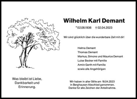 Traueranzeigen Von Wilhelm Karl Demant Vrm Trauer De