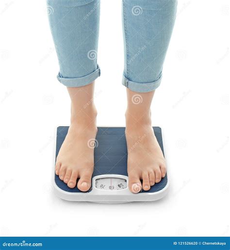 Woman Measuring Her Weight Using Scales Stock Photo - Image of weighing