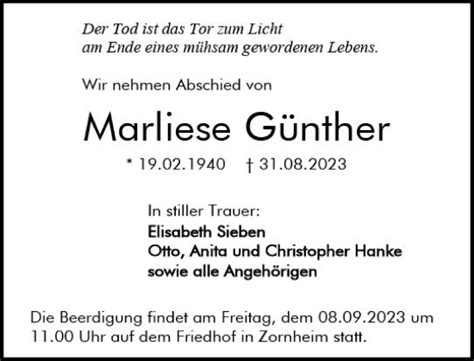 Traueranzeigen von Marliese Günther vrm trauer de