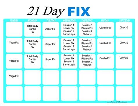 Download & Print The 21 Day Fix Workout Calendar